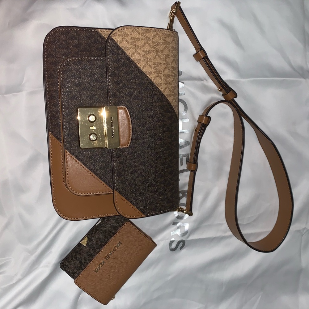Michael Kors Brown and Tan Crossbody with Cardholder